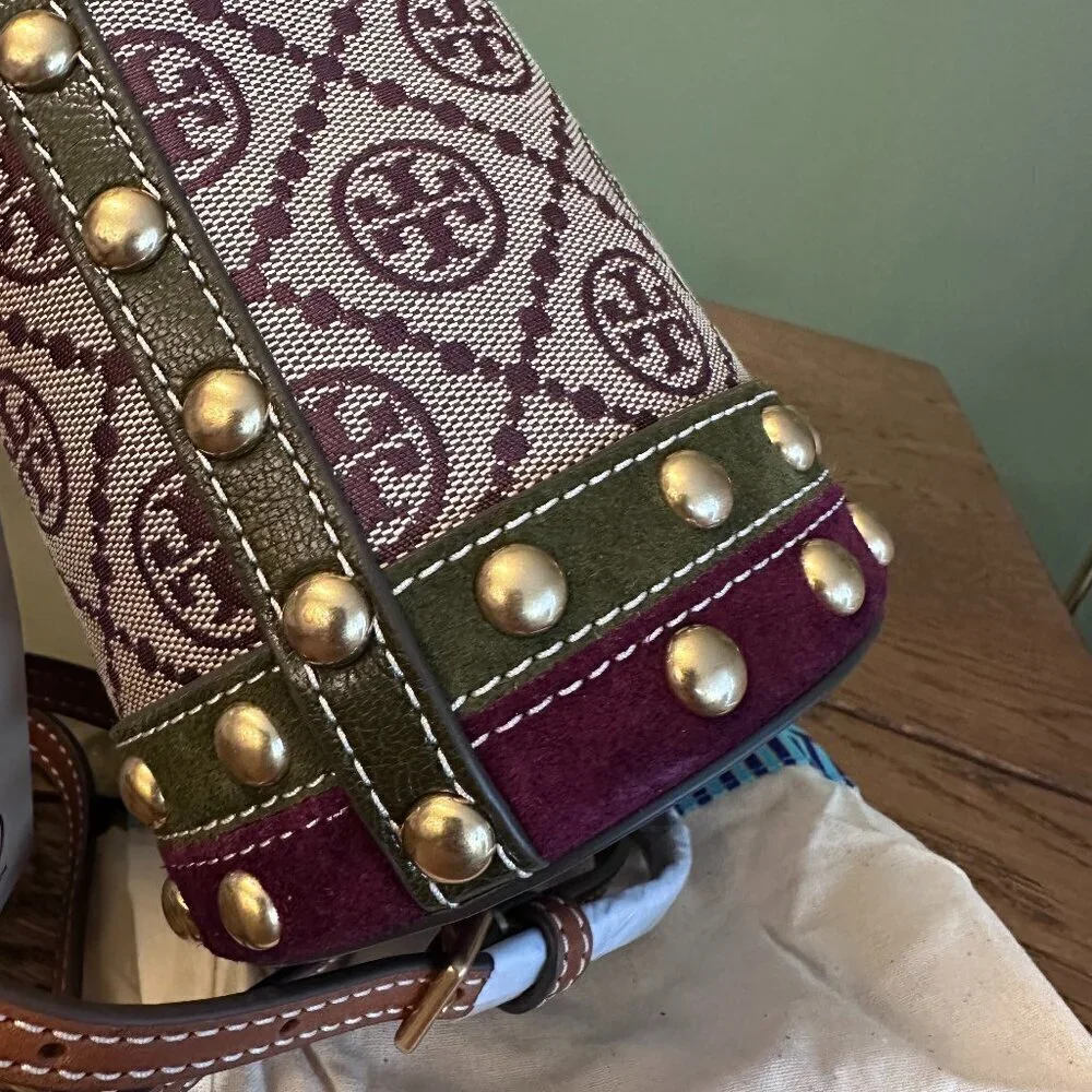 NWT! NEW Tory Burch T Monogram Jacquard Studded Mini Bucket Bag -multi leather